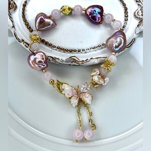 Handmade Freshwater Unicorn 🦄 Heart 💜 Keshi Pearl Rose Quartz Bracelet